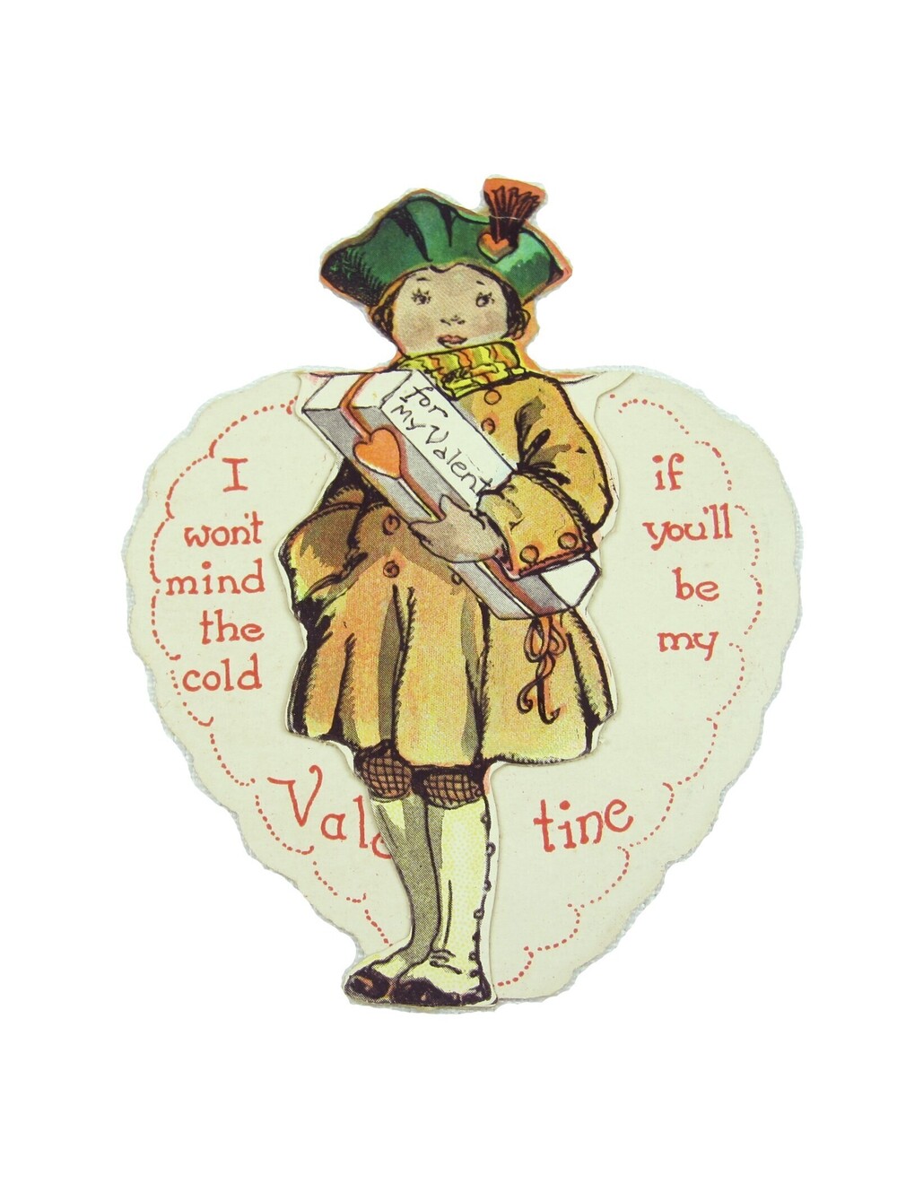 Vintage Valentine Black Americana Girl Green Beret Hat Red Heart Cutout Stand Up